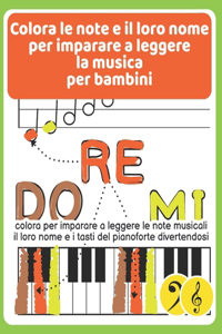 Colora le note e il loro nome per imparare a leggere la musica per bambini