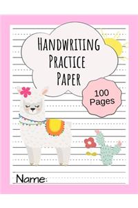 Handwriting Practice Paper: Writing Paper for Kids, Kindergarten, Preschool, K-3 Paper with Dotted Lines 100 Pages Llama Design