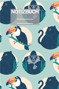 Notizbuch A5 Muster Zeichnung Jungle Dschungel Tiere Gorilla Panther Vogel