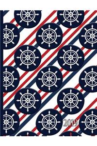 Nautical Boat Wheel on Red White and Blue Diagonal Stripes: 2019 Schedule Planner and Organizer / Weekly Calendar