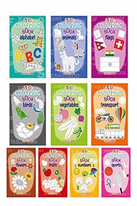 Little Colouring Books for Kids (Set of 10 Books) - Gift to children for painting, drawing and colouring - Alphabets, Animals, Birds, Flags, Flowers, ... Transport, Vegetables - 3 to 6 years old