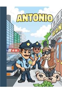 Antonio: First Name Personalized Sketchbook with Large Blank Pages Pad for Drawing, Doodling and Sketching. Colorful Police Officers Cartoon Cover for Kids, 