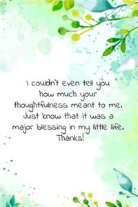 I couldn't even tell you how much your thoughtfulness meant to me. Just know that it was a major blessing in my little life. Thanks!