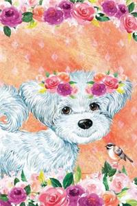 Bullet Journal Notebook for Dog Lovers White Fluffy Puppy in Flowers 5
