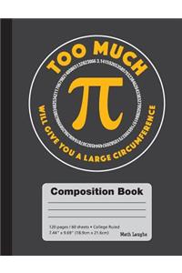 Too Much Pi Will Give You A Large Circumference - College Ruled Composition Book