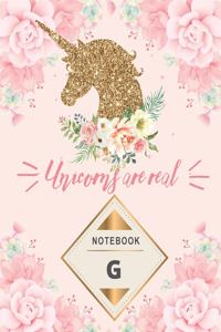 Notebook: Monogram intial Letter G - Unicorn Design Journal Gift for Her / Him