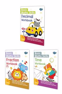 Basic maths skills workbook | set of 3 books | Fraction ,Decimal ,Time | A Trio of Fraction, Decimal, and Time Adventures
