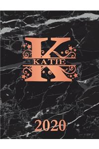 katie: 2020. Personalized Name Weekly Planner 2020. Monogram Letter K Notebook Planner. Black Marble & Rose Gold Cover. Datebook Calendar Schedule