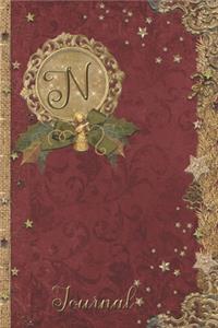 N Journal: Vintage Christmas Initial N Monogram Notebook: Journal Style Blank Lined Cream Paper Decorated Interior