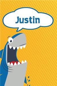 Justin: Personalized Shark Writting Journal, Notebook, Diary, for Kids 120 Pages 6x9