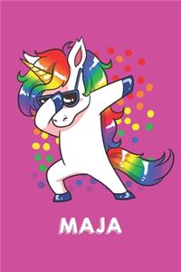 Maja: Personalisiertes Design Notizbuch Einhorn 120 linierte Seiten - Perfekte Geschenkidee für die Schuhe oder Weihnachten mit Vornamen DIN A5 (pink)