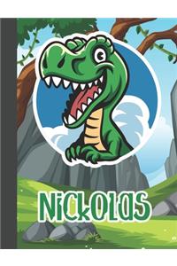 Nickolas: Wide Ruled Composition Notebook Dinosaur Boys Kids Personalized Journal for School Supplies - 110 pages 7.44x9.269