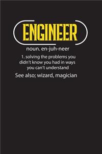 Engineer Noun. en-juh-neer 1. Solving The Problems You Didn't Know You Had in Ways You Can't Understand See ALso
