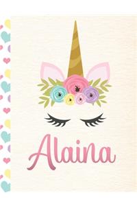 Alaina: Personalized Unicorn Primary Handwriting Notebook For Girls With Pink Name - Dotted Midline Handwriting Practice Paper - Kindergarten to Early Child