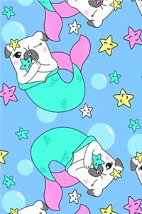 Super Cute Kawaii Mermaid Pug Dog Stars Bubbles Notebook