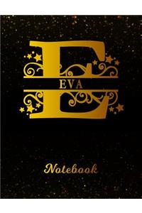 Eva Notebook: Letter E Personalized First Name Personal Writing Notepad Journal Black Gold Glittery Pattern Effect Cover College Ruled Lined Paper for Journalists