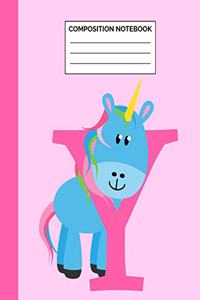 Composition Notebook: Letter Y Initial Unicorn Monogram Pink Purple Wide Ruled Lined Note Book - Cute Exercise Book & Journal with Lines for Kids Teens Students or Teache