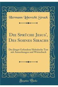 Die Sprï¿½che Jesus', Des Sohnes Sirachs: Der Jï¿½ngst Gefundene Hebrï¿½ische Text Mit Anmerkungen Und Wï¿½rterbuch (Classic Reprint)