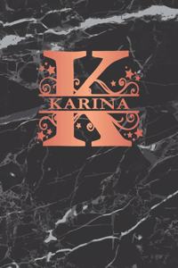 Karina: Personalized Journal Notebook for Women or Girls. Monogram Initial K with Name. Black Marble & Rose Gold Cover. 8.5 X 11 110 Pages Lined Journal Pap