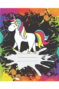 Black Rainbow Splatter Unicorn Cover Girl Composition Wide-ruled blank line School Notebooks