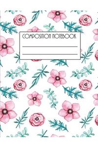 Composition Notebook: Large Composition NoteBook with Cute Pink Flower and Green Leaf Pattern on the Cover; Journal; Back to School; Wide Ruled Blank Lined for Students, 