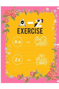 Alphabet a-z exercise with cartoon and practice paper
