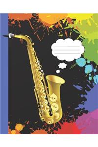 Cool Saxophone Musical Black Rainbow Splatter Blank Composition Wide-ruled blank line School Notebooks