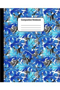Composition Notebook - Black and Blue Tropical Leaves Pattern