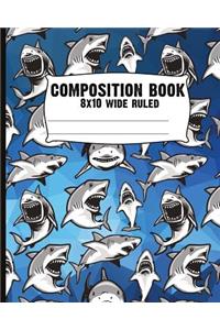 Composition book - 8x10 wide ruled: Sharks! Blank composition notebook, wide ruled, shark journal, blue abstract shark and sea creature