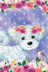 Bullet Journal Notebook for Dog Lovers White Fluffy Puppy in Flowers 1