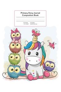Primary Story Journal Composition Book: Grade Level K-2 Draw and Write, Baby Unicorn with Owls Notebook Early Childhood to Kindergarten