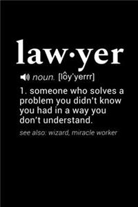 Lawyer (noun. [loy'yerrr]) 1. someone who solves a problem you didn't know you had in a way you don't understad. (see also