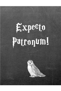 Expecto Patronum!: 7.44 X 9.69 Wide Ruled Paper Notebook, Birthday, Christmas, Back to School, Quote Journal or Diary Unique Inspirational Composition Book Gift for Friend, Family, Teacher, Student, Magical or Not - Black Chalkboard White Owl