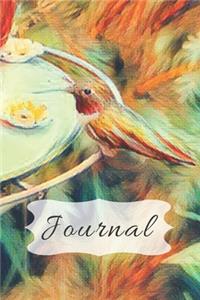 Elegant pastel Green Artwork of Ruby Red Throat Hummingbird Sitting at Feeder Pretty Diary Journal for Daily Thoughts
