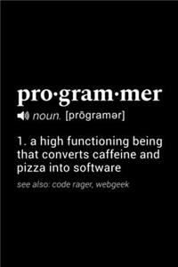 Programmer (noun [programer]) 1. a high functioning being that converts caffeine and pizza into software (see also