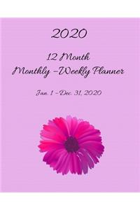 2020 - 12 Month Monthly - Weekly Planner - Jan. 1 - Dec. 31, 2020: Monthly Calendar View - 8x10 - Weekly Spread - Pretty In Pink Floral