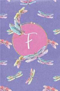 F: Dragonfly Journal, personalized monogram initial F blank lined notebook - Decorated interior pages with dragonflies