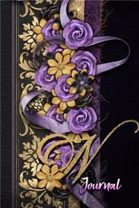 N Journal: Gold and Purple Floral Monogram Initial N Notebook for Women and Girls