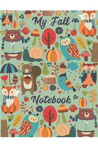 My Fall Notebook: Teal Cute Pumpkin Season Wintertime Bear (Writing Composition Book Journal Large) (Blank Wide Ruled Lines) 8.5x11 110 pages