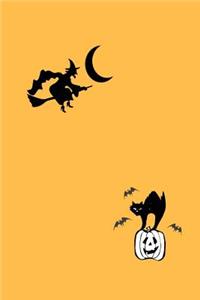 Flying Witch on Broom and Cat on Pumpkin