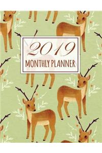 2019 Monthly Planner: 2019-2020 Yearly Planner and 12 Months Calendar Planner with Journal Page Deer Paint Design