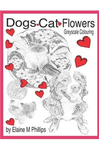 Dogs Cat Flowers Greyscale Colouring