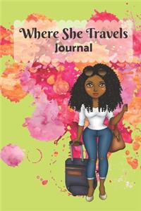 Where She Travels - (6x9 lined journal paint splatter pink green cover)