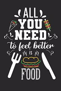 All You Need To Feel Better Is Food: A5 Blanko - Kochbuch - Rezepte - Notebook - Notizbuch - Taschenbuch - Backbuch - Ein lustiges Geschenk für Freunde und die Familie sowie die Besten 