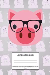 Composition Book 200 Sheets/400 Pages/7.44 X 9.69 In. Wide Ruled/ Happy Pigs with Glasses