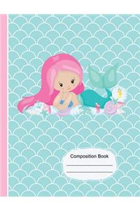 Cute Pink Hair Mermaid Girl and Friends Composition Notebook Wide Ruled Paper
