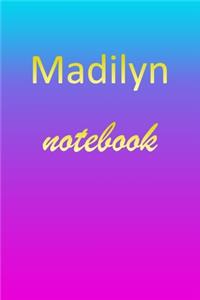 Madilyn: Blank Notebook - Wide Ruled Lined Paper Notepad - Writing Pad Practice Journal - Custom Personalized First Name Initial M Blue Purple Gold - Taking 