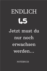 ENDLICH 45 Jetzt must du nur noch erwachsen werden NOTIZBUCH