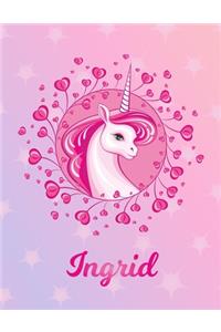 Ingrid: Ingrid Magical Unicorn Horse Large Blank Pre-K Primary Draw & Write Storybook Paper - Personalized Letter I Initial Custom First Name Cover - Story 