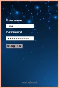 user name, password, notebook, cover lined 110 pages, gift, geek